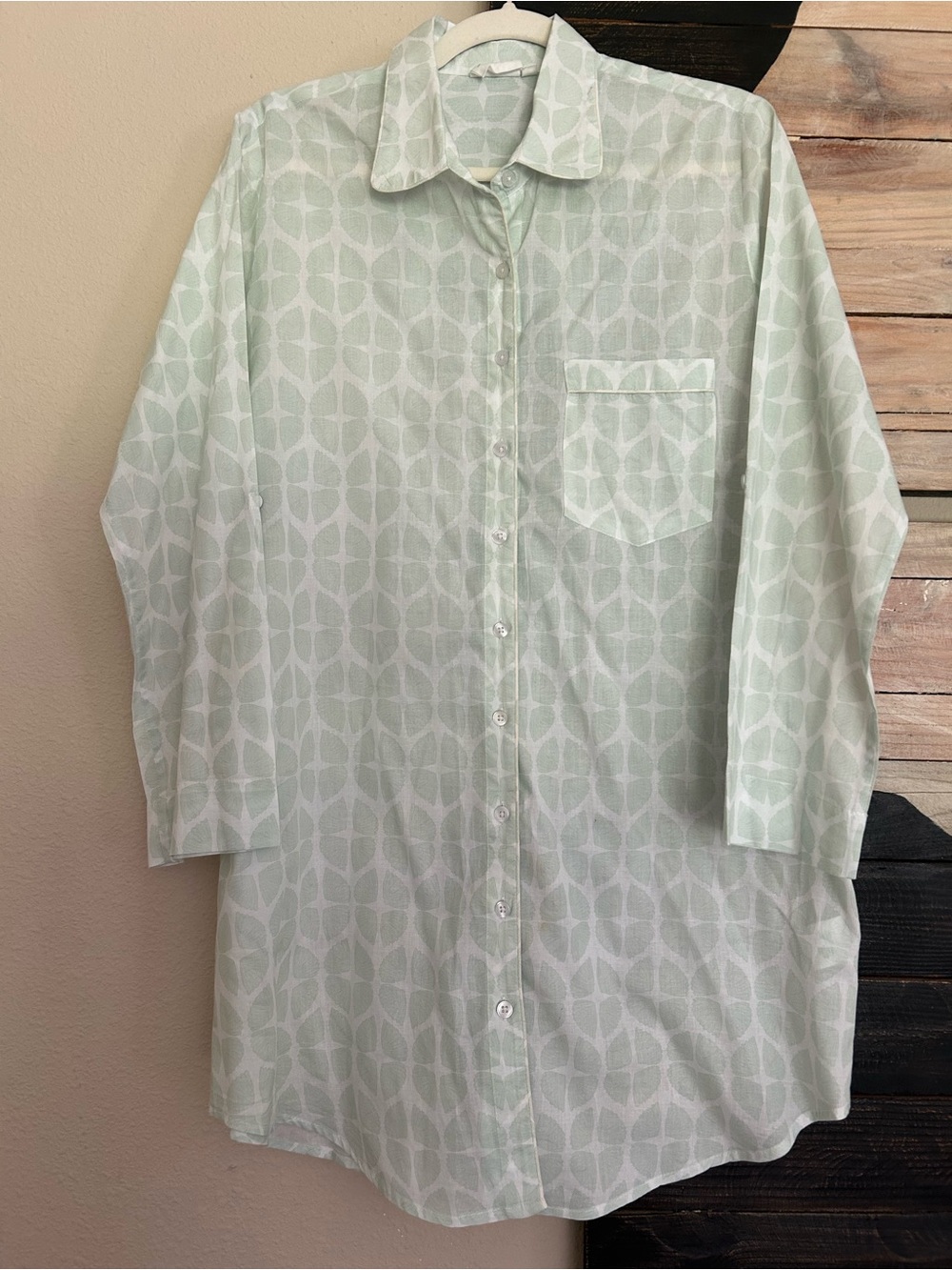 Julia Amory Light Mint Patterned Button-Up Tunic Husband Shirt Coverup